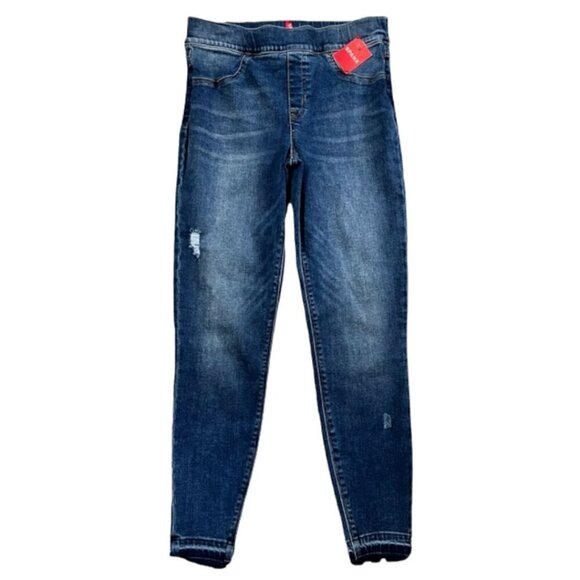 SPANX NWT Women's Distressed Ankle Pull On Skinny Blue Jeans Raw Hem Size Medium - Picture 5 of 16